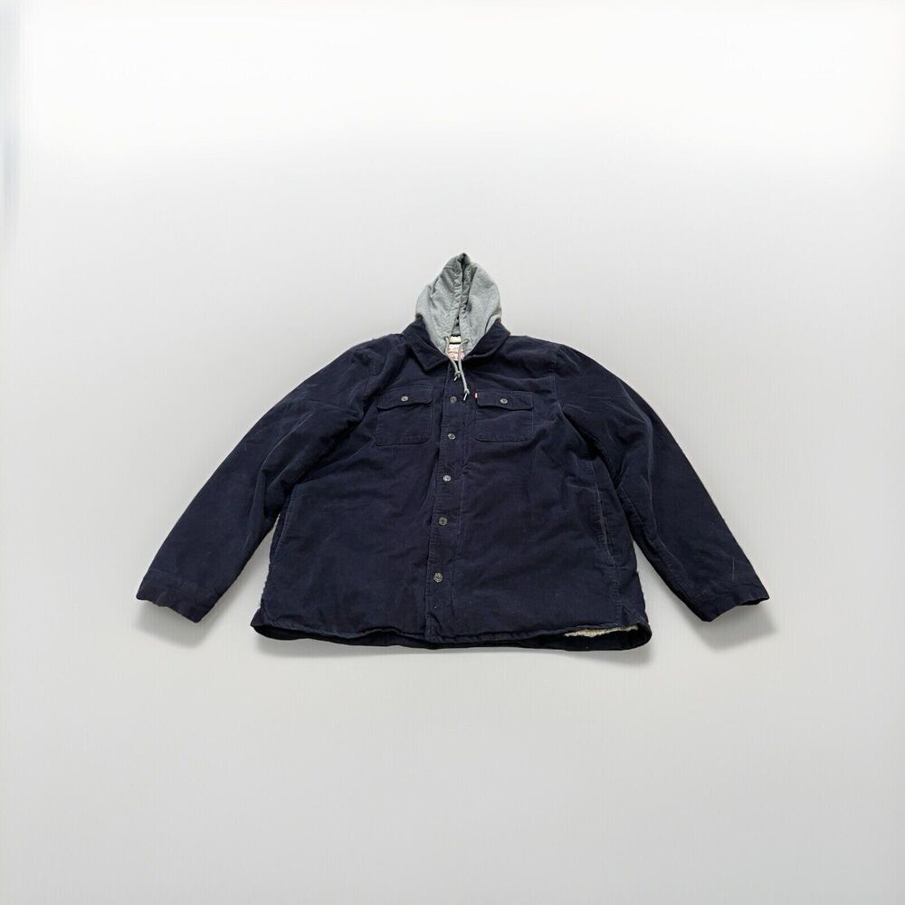 Levis Mens Navy Gray Corduroy Faux Shearling Lined Hooded Utility Jacket Size XL